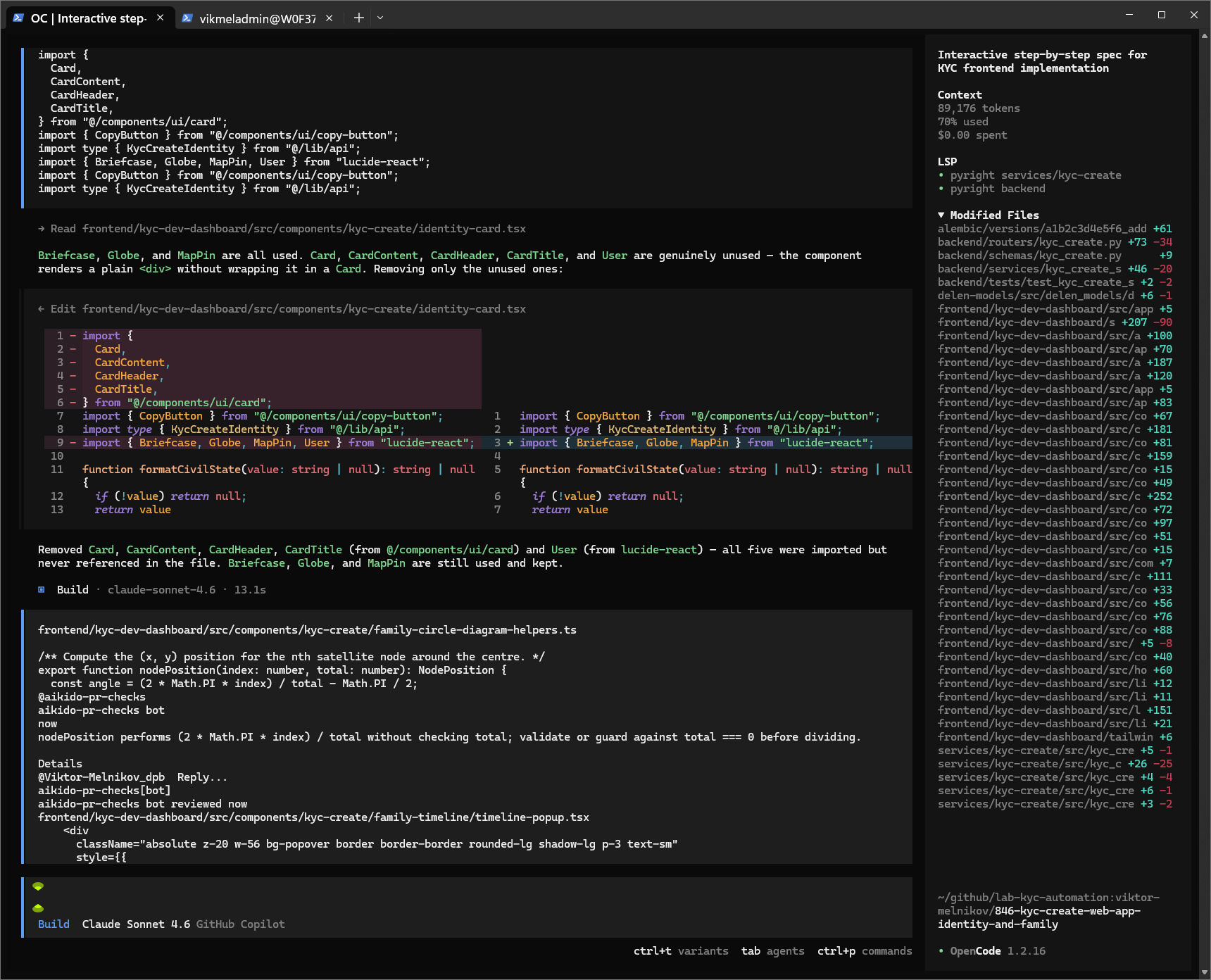 OpenCode TUI showing read/edit steps and a file diff